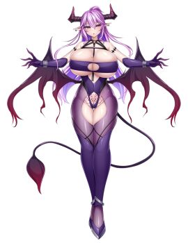  1girl :o adamante bare_shoulders between_breasts blush breasts chestnut_mouth cleavage demon_girl demon_horns demon_tail demon_wings ear_piercing earrings elbow_gloves full_body game_cg gloves half-closed_eyes highres horns huge_breasts jewelry kutan large_variant_set leotard long_hair looking_at_viewer lusterise mole mole_on_breast mole_under_eye non-web_source official_art open_mouth pantyhose piercing pointy_ears pubic_tattoo purple_eyes purple_gloves purple_hair purple_leotard purple_thighhighs revealing_clothes seimetsu_reiki_etherea self-datamine solo tachi-e tail tattoo thigh_gap thighhighs transparent_background variant_set wings 