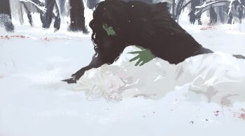  2girls black_hair blonde_hair cbb_(tuucoo) colored_skin elphaba_thropp good_witch_of_the_north green_skin highres multiple_girls non-web_source on_ground outdoors snow wicked yuri 