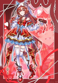  1girl adapted_costume animal_ears asahina_(asahina_0428) breasts brown_hair candy chocolate chocolate_heart collarbone commentary_request detached_sleeves food frills full_body gloves heart heart-shaped_food high_heels highres horse_ears horse_girl horse_tail lace long_hair multicolored_hair red_eyes small_breasts smile solo still_in_love_(umamusume) streaked_hair tail thighhighs umamusume valentine veil white_gloves 