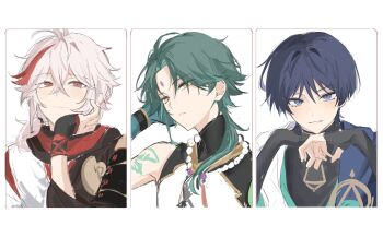  arm_tattoo armor bead_necklace beads black_gloves black_hair blue_eyes blue_hair closed_mouth facial_mark fingerless_gloves forehead_mark genshin_impact gloves green_hair hair_between_eyes highres japanese_armor japanese_clothes jewelry kaedehara_kazuha kote kurokote looking_at_viewer male_focus mnce_o multicolored_hair multiple_boys necklace parted_lips ponytail red_eyes red_hair scaramouche_(genshin_impact) simple_background sketch streaked_hair tattoo upper_body wanderer_(genshin_impact) white_background white_hair xiao_(genshin_impact) yellow_eyes  rating:General score:1 user:danbooru