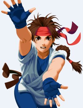  1girl braid braided_ponytail brown_eyes brown_hair dougi elcioch female_focus gloves hands_up karate_gi leggings long_hair looking_at_viewer pale_skin pants ponytail standing the_king_of_fighters thick_thighs thighs yoga_pants yuri_sakazaki 