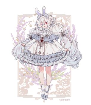 1girl beoseon blue_ribbon chinese_peony dress embroidery fashion floral_background frilled_dress frills hair_ribbon heterochromia jo_lolita korean_clothes lemon89h lolita_fashion long_hair open_mouth original ribbon rococo_movement socks solo standing twintails very_long_hair white_socks 