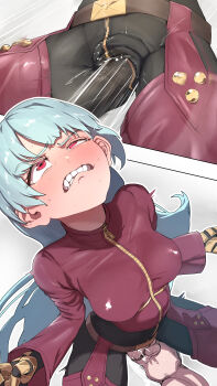  1boy 1girl absurdres blue_hair blush bodysuit breasts commentary_request commission cunt_punt highres kula_diamond motion_lines multiple_views pain punching red_bodysuit red_eyes ryona sawtatsu skeb_commission teeth the_king_of_fighters 