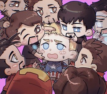  6+boys @_@ antenna_hair arc_reactor arm_up armor artist_name avengers_(series) avengers_academy belt black_hair black_pants black_shirt blonde_hair blue_bodysuit blue_eyes blush bodysuit brown_belt brown_eyes brown_gloves brown_hair brown_jacket captain_america chibi chibi_only covered_mouth facial_hair formal_clothes from_behind from_side full_armor gloves half-closed_eyes hand_on_another's_face hand_on_another's_head hand_on_own_face hand_up hands_up helmet iron_man jacket lapels long_sleeves looking_afar looking_at_another looking_up male_focus marvel meme multicolored_armor multiple_boys multiple_persona one_eye_closed open_mouth pants pink_background power_armor red_armor red_gloves red_jacket red_shirt shajiang144584 shield shield_on_back shirt short_hair short_sleeves simple_background smile sonic_surrounded_by_amy_plush_dolls_(meme) standing star_(symbol) star_print steve_rogers striped_bodysuit suit suit_jacket superhero_costume surrendering sweatdrop t-shirt tan the_avengers:_earth's_mightiest_heroes! tony_stark upper_body v-shaped_eyebrows white_armor yaoi yellow_armor 