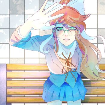  1girl bespectacled blazer blue_skirt bow brown_hair brown_sweater_vest collared_shirt commentary doki_doki_literature_club doki_doki_literature_club_school_uniform english_commentary from_above glasses green_eyes grey_jacket hair_bow highres jacket long_hair looking_up monika_(doki_doki_literature_club) neck_ribbon on_bench parted_lips ponytail red_ribbon ribbon saturn_dry school_uniform shirt sitting skirt solo sweater_vest white_bow white_shirt 