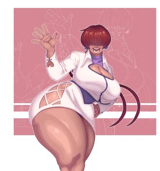  1girl 1shermieaday absurdres ass breasts cleavage_cutout clothing_cutout curvy dress earrings female_focus hand_up heart highres huge_ass huge_breasts jewelry long_hair marellartt muscular muscular_female panties ponytail red_hair shermie_(kof) shiny_skin skirt smile smiley_face the_king_of_fighters twintails underwear  rating:Explicit score:5 user:R212299KOF