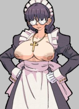 1girl amlogamer apron black_dress black_lagoon braid breasts breasts_out cross cross_necklace dress glasses gloves jewelry long_hair maid maid_headdress necklace open_clothes roberta_(black_lagoon) twin_braids waist_apron wrist_cuffs  rating:Explicit score:11 user:Mewgen