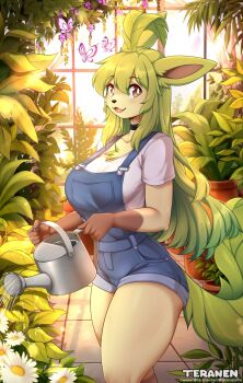  1girl animal_ears black_choker blue_overalls choker flower fox_ears fox_girl fox_tail furry furry_female gen_4_pokemon green_eyes green_fur green_hair highres holding holding_watering_can leafeon long_hair nintendo overalls pokemon pokemon_(creature) shirt smile solo tail teranen very_long_hair watering_can white_shirt 
