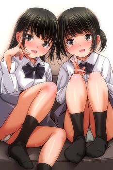  2girls absurdres black_bow black_bowtie black_hair black_socks blush bow bowtie brown_eyes couch crotch_seam grey_panties grey_skirt highres loli long_hair long_sleeves looking_at_viewer matsunaga_kouyou multiple_girls on_couch open_mouth original panties school_uniform shirt short_hair sitting skirt smile socks teeth twintails underwear v white_panties white_shirt 