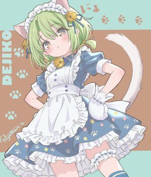  1girl absurdres apron bell blue_dress blue_thighhighs blush brown_background brown_eyes character_name closed_mouth collared_dress cowboy_shot dejiko di_gi_charat dress frilled_apron frilled_dress frilled_thigh_strap frills gloves green_hair hair_bell hair_between_eyes hair_ornament hands_on_own_hips highres jingle_bell looking_at_viewer neck_bell po_yo_ta_ma ribbon-trimmed_gloves ribbon_trim short_hair short_sleeves solo thigh_strap thighhighs white_apron 