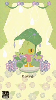  black_eyes boots colored_sclera commentary flower gen_3_pokemon highres holding holding_leaf leaf meme_(sleepsheep) nintendo pokemon pokemon_(creature) pokemon_focus symbol-only_commentary tail treecko water yellow_boots yellow_eyes yellow_sclera 