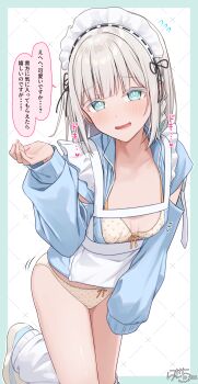  1girl absurdres apron blue_eyes blue_sweater blunt_bangs blush bow bow_bra bow_panties bra braid breasts bright_pupils collarbone commentary_request flying_sweatdrops frills hand_up heart highres jersey_maid long_sleeves looking_at_viewer loose_socks maid maid_headdress medium_hair motion_lines notice_lines original panties parted_lips partially_undressed polka_dot polka_dot_bra polka_dot_panties ramchi side_braid silver_hair-chan_(ramchi) single_braid small_breasts smile socks solo speech_bubble sweater thighs translation_request unconventional_maid underwear white_apron white_pupils white_socks yellow_bra yellow_panties 