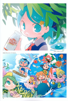  6+girls absurdres adapted_costume american_flag_dress aqua_eyes bad_source ball beach_volleyball bikini black_hair blonde_hair blue_dress blue_eyes blue_hair blue_vest bottle chibi cirno clownpiece coconut_tree corn_dog crab cup cupping_glass daiyousei disposable_cup disposable_ice_cream_cup dolphin dress dress_swimsuit eyewear_on_head fairy fairy_wings fine_art_parody fins fish flower flower_necklace foam_mustache food frilled_dress frills fruit green_eyes green_hair hair_bun hair_ornament hat highres holding jester_cap jewelry leaf lifebuoy looking_at_viewer luna_child milk milk_bottle moyazou_(kitaguni_moyashi_seizoujo) multiple_girls neck_ribbon necklace noodles orange_dress orange_eyes orange_hair palm_tree parody pineapple pointing polka_dot popsicle_stick red_eyes red_ribbon ribbon riding scan school_uniform seashell serafuku shell shell_bikini shirt shirt_tan single_hair_bun solo star_(symbol) star_hair_ornament star_sapphire starfish sunflower sunglasses sunny_milk surfing sweatdrop swim_ring swimsuit tan tanline tanned_cirno the_birth_of_venus third-party_source touhou translation_request tree tupet vest watermelon watermelon_slice waves white_shirt wings yakisoba 