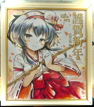  1girl alternate_costume bell black_hair blush brown_eyes collarbone commentary_request hairband hakama hakama_skirt holding japanese_clothes jingle_bell kantai_collection kimono long_hair long_sleeves miko nijou_katame petals photo_(medium) red_hairband red_hakama ribbon-trimmed_sleeves ribbon_trim shikishi short_eyebrows signature skirt solo thick_eyebrows tokitsukaze_(kancolle) traditional_media translation_request white_kimono wide_sleeves 