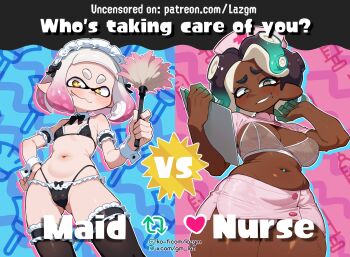  2girls bikini black_bikini bra breasts cameltoe cephalopod_eyes covered_erect_nipples dark-skinned_female dark_areolae dark_skin detached_collar duster fang feather_duster frilled_bikini frills hat highres inkling large_breasts laz_gm loli maid maid_bikini maid_headdress marina_(splatoon) microskirt mole mole_under_mouth multiple_girls nintendo nurse nurse_cap octoling paid_reward_available pearl_(splatoon) plump pointy_ears revealing_clothes see-through_bra see-through_clothes skirt smile splatoon_(series) splatoon_2 swimsuit symbol-shaped_pupils take_your_pick tentacle_hair unconventional_maid underwear 