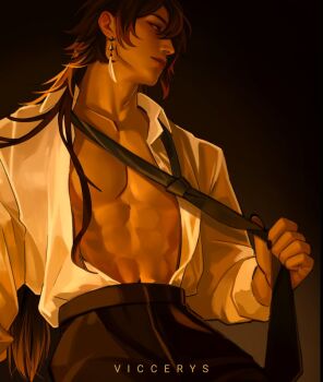  1boy abs artist_name black_necktie brown_hair closed_mouth collarbone collared_shirt commentary cowboy_shot earrings formal_clothes genshin_impact jewelry long_hair long_sleeves looking_to_the_side male_focus muscular muscular_male navel necktie open_clothes open_shirt pectorals piercing profile shirt shirt_tucked_in sleeve_cuffs solo symbol-only_commentary very_long_hair viccerys white_shirt zhongli_(genshin_impact) 