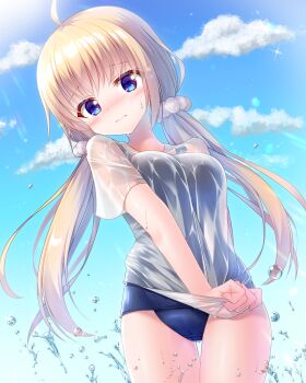  1girl absurdres ahoge arm_behind_back blonde_hair blue_eyes blue_one-piece_swimsuit blue_sky blush breasts closed_mouth cloud commentary cowboy_shot day dot_nose embarrassed getsuyoshi hair_ornament hair_scrunchie highres itsumura_haruka long_hair looking_at_viewer low_twintails medium_breasts nose_blush one-piece_swimsuit outdoors re:stage! school_swimsuit scrunchie shirt shirt_tug short_sleeves sky solo sparkle splashing sunlight swimsuit swimsuit_under_clothes t-shirt thighs twintails very_long_hair wading water_drop wet wet_clothes wet_shirt white_scrunchie white_shirt 