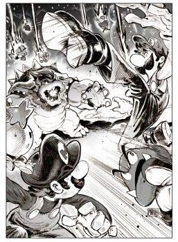  armlet bowser bracelet collar commentary facial_hair fighting_stance highres jewelry luigi male_focus mario mario_&amp;_luigi:_bowser's_inside_story mario_&amp;_luigi_rpg mario_(series) muscular muscular_male mustache ngmanhho nintendo spiked_armlet spiked_bracelet spiked_collar spiked_shell spikes starlow turtle_shell untranslatable_commentary 