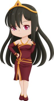  1girl absurdres bare_shoulders black_hair breasts chibi chinese_clothes commission commissioner_upload detached_sleeves dress full_body hand_on_own_chest hand_on_own_hip highres hong_mei_ling_(ways_of_darkness) long_hair looking_at_viewer official_art red_dress red_eyes selinanovalight side_slit simple_background solo tiara transparent_background ways_of_darkness_(series) 