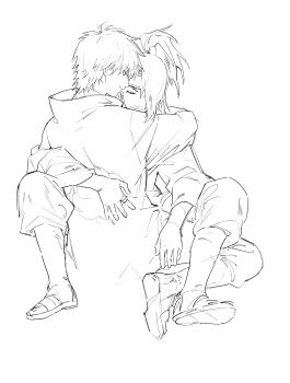  2boys akatsuki_uniform asymmetrical_bangs bad_source closed_eyes deidara_(naruto) dixieyyds doll_joints forehead_protector hair_over_one_eye high_ponytail highres implied_yaoi jewelry joints long_hair looking_at_another male_focus monochrome multiple_boys naruto_(series) naruto_shippuuden pants ponytail ring robe sandals sasori_(naruto) short_hair smile traditional_media white_background 