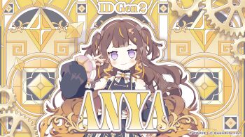  1girl absurdres anya_melfissa anya_melfissa_(1st_costume) arm_up blonde_hair blonde_streaks blunt_bangs bow bowtie brown_hair center_frills character_name check_commentary closed_mouth commentary_request copyright_notice detached_sleeves diamond_(shape) double-parted_bangs dress frilled_dress frilled_sleeves frills gears gradient_hair highres hololive hololive_dreams hololive_indonesia kris_hair_ornament light_blush long_hair long_sleeves looking_at_viewer multicolored_hair official_art purple_eyes sleeveless sleeveless_dress smile solo straight-on streaked_hair two-tone_hair two_side_up upper_body virtual_youtuber wavy_hair wavy_sidelocks white_bow white_bowtie 