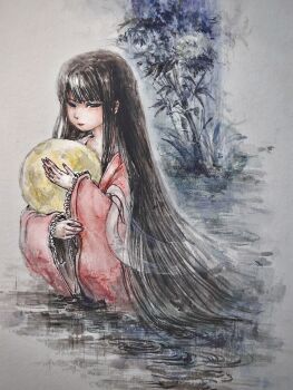  1girl absurdres bamboo black_eyes chinese_commentary closed_mouth commentary_request frilled_sleeves frills highres houraisan_kaguya ink_wash_painting long_hair long_sleeves moon partially_submerged pink_shirt shirt solo touhou very_long_hair wide_sleeves yon_1912 