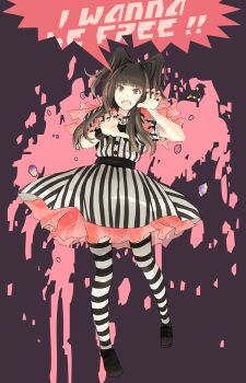  1girl bad_id bad_pixiv_id black_hair black_shoes blunt_bangs brown_eyes dress english_text fashion_monster female_focus full_body highres kyary_pamyu_pamyu nail_polish shoes solo striped_clothes striped_dress striped_thighhighs teeth thighhighs two_side_up upper_teeth_only vertical-striped_clothes vertical-striped_dress yoshito 