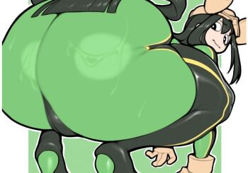  1girl :> ass ass_focus asui_tsuyu black_eyes black_hair bodysuit boku_no_hero_academia cameltoe closed_mouth frog_girl from_behind gloves goggles goggles_on_head green_bodysuit green_hair hair_between_eyes hair_rings huge_ass long_hair looking_at_viewer looking_back low-tied_long_hair skin_tight solo squatting superhero_costume thick_thighs thighhighs thighs two-tone_background yellow_gloves  rating:Questionable score:12 user:danbooru