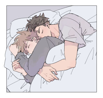 2boys blue_oak border brown_hair closed_eyes commentary_request ebisono2 grey_shirt long_sleeves lying male_focus multiple_boys nintendo on_side parted_bangs pillow pokemon pokemon_sm red_(pokemon) shirt short_hair short_sleeves spooning under_covers white_border yaoi