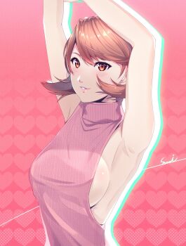  1girl alternate_breast_size_(larger) armpits arms_up backless_outfit blush breasts brown_eyes brown_hair commentary_request corner50777313 eyelashes heart highres large_breasts looking_at_viewer low-cut_armhole medium_hair parted_lips patterned_background persona persona_3 pink_background sideboob signature solo sweater swept_bangs takeba_yukari turtleneck turtleneck_sweater upper_body virgin_killer_sweater 