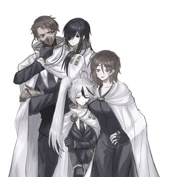  1girl 3boys ahoge androgynous annoyed black_eyes black_gloves black_hair black_necktie black_robe black_suit blush breasts brown_hair cape esther_(project_moon) formal_clothes gloves grey_eyes grey_hair hair_over_one_eye highres hubert_(project_moon) hubestjoa large_breasts library_of_ruina long_hair looking_at_viewer moirai_(project_moon) multicolored_hair multiple_boys necktie project_moon red_eyes robe short_hair side_ponytail simple_background smile streaked_hair suit trap two-tone_hair v-shaped_eyebrows white_background white_cape yan_vismok 