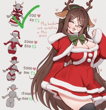  ahoge animal_ears antlers bandaged_arm bandages blush bow breasts brown_eyes brown_hair capelet cleavage commentary deer_ears deer_tail dress english_commentary fake_animal_ears gloves green_bow green_hairband hairband hat highres horns huge_ahoge indie_virtual_youtuber large_breasts like_and_retweet long_hair one_eye_closed open_mouth red_capelet red_dress red_gloves red_thighhighs reindeer_antlers revealing_clothes round_eyewear santa_hat sky_above_me sky_above_me_(vtuber) tail thighhighs thighs virtual_youtuber 