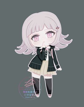  1girl absurdres breasts brown_hair chibi chibi_only collared_shirt danganronpa_(series) danganronpa_2:_goodbye_despair flipped_hair full_body grey_background hair_ornament hand_up highres jacket long_sleeves looking_at_viewer medium_hair nanami_chiaki neck_ribbon open_clothes open_jacket pink_eyes pink_ribbon pleated_skirt ribbon shirt simple_background skirt solo suzuneriri thighhighs white_shirt 