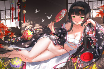  1girl absurdres autumn_leaves ball barefoot bishoujo_mangekyou:_kotowari_to_meikyuu_no_shoujo bishoujo_mangekyou_(series) black_hair black_kimono blunt_bangs blush bottomless breasts bug butterfly chest_sarashi commentary_request cup dappled_sunlight day devil_heavens falling_leaves feet fingernails floral_print floral_print_kimono flower gold_hairband green_eyes hair_ribbon hairband hand_fan head_rest highres holding holding_fan insect japanese_clothes kimono leaf long_fingernails long_hair looking_at_viewer lying medium_breasts navel off_shoulder on_side open_clothes open_kimono open_mouth paper_fan print_kimono pussy red_flower red_ribbon red_rose renge_(bishoujo_mangekyou) ribbon rose sakazuki sarashi shade shouji sliding_doors solo sunlight tassel tatami temari_ball uchiwa very_long_hair wooden_floor 
