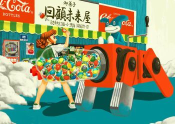  1girl ad_(object) backpack bag black_eyes brown_hair building coca-cola commentary_request gashapon green_bag holding holding_scepter kyu-baro mecha no_socks open_mouth original pleated_skirt poster_(object) profile puffy_short_sleeves puffy_sleeves red_skirt robot scepter shirt shoes short_hair short_sleeves sidelocks skirt standing steam stuffed_animal stuffed_toy vending_machine white_shirt white_shoes 