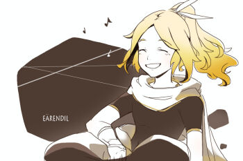 1boy blonde_hair character_name closed_eyes earendil eyebrows_hidden_by_hair high_ponytail male_focus musical_note parted_bangs parted_lips pixiv_id_43894224 ponytail smile solo teeth the_silmarillion tolkien's_legendarium