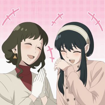  black_hair blush dress earrings hairband highres ilovemywifeyor jacket jewelry long_hair mature_female melinda_desmond multiple_girls open_mouth short_hair sidelocks smile spy_x_family yor_briar 