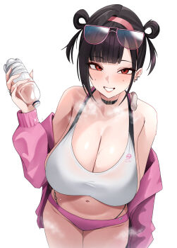  1girl absurdres bare_shoulders black_hair blunt_bangs blush bottle breasts breath buruma cleavage collarbone commentary english_commentary eyewear_on_head goddess_of_victory:_nikke groin hair_rings hand_up headband highres holding holding_bottle jacket jewelry large_breasts long_hair long_sleeves looking_at_viewer multiple_rings navel off_shoulder official_alternate_costume panties panties_under_buruma parted_lips pink-framed_eyewear pink_buruma pink_headband pink_jacket pynkmouth red_eyes ring sidelocks simple_background smile snake solo sora_(nikke) sora_(spring_flight)_(nikke) sports_bra standing steam sweat teeth thighs two_side_up underwear water_bottle white_background white_sports_bra 