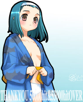  1girl aqua_hair bad_id blue_background blue_kimono breasts cleavage closed_mouth cowboy_shot dressing gradient_background hairband holding_sash japanese_clothes kimono medium_hair milestone_celebration no_bra open_clothes open_kimono original orion_(orionproject) panties pink_eyes sash signature small_breasts solo standing thank_you underwear white_hairband white_panties yellow_sash 
