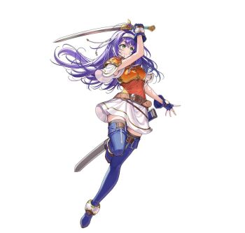  1girl ahoge armor attack belt black_thighhighs blue_boots blue_gloves blue_hair blush boots breastplate breasts brown_belt closed_mouth commentary english_commentary fighting_stance fingerless_gloves fire_emblem fire_emblem:_path_of_radiance fire_emblem:_radiant_dawn fire_emblem_heroes full_body gloves green_eyes hairband headband holding holding_sword holding_weapon long_hair looking_at_viewer mia_(fire_emblem) mia_(zenith_challenger)_(fire_emblem) nintendo official_alternate_costume official_art okuma_mai orange_shirt purple_hair scabbard sheath shirt short_sleeves shoulder_armor simple_background skirt smile solo sword thigh_boots thighhighs thighs third-party_source weapon white_background white_hairband white_headband white_shirt white_skirt 