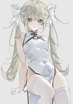 1girl bare_shoulders bow breasts china_dress chinese_clothes cool_off cowboy_shot dress grey_background grey_eyes hair_bow highres invisible_chair kasugano_sora long_hair looking_at_viewer mandarin_collar no_panties pelvic_curtain simple_background sitting sleeveless sleeveless_dress small_breasts solo thighhighs twintails white_dress white_hair white_thighhighs yosuga_no_sora rating:Sensitive score:30 user:danbooru