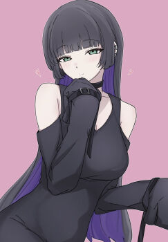  1girl black_dress black_hair bocchi_the_rock! breasts cleavage clothing_cutout colored_inner_hair commentary dress ear_piercing face_piercing green_eyes hanekuri_(nnainain) highres labret_piercing large_breasts long_hair multicolored_hair pa-san piercing pink_background purple_hair shoulder_cutout simple_background sleeves_past_fingers sleeves_past_wrists solo 