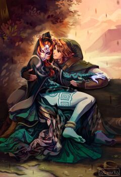  1boy 1girl black_skin blue_skin colored_sclera colored_skin commentary couple english_commentary eyeshadow front_ponytail green_tunic grey_skin highres iubworks link makeup midna midna_(true) multicolored_skin nintendo orange_hair pointy_ears purple_eyeshadow purple_lips the_legend_of_zelda the_legend_of_zelda:_twilight_princess tunic two-tone_skin yellow_sclera 