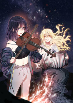  2girls accordion bare_shoulders black_camisole black_hair black_jacket black_skirt blonde_hair bow_(music) camisole campfire chinese_commentary commentary_request feet_out_of_frame grey_pants grin gu_xinghai highres holding holding_bow_(music) holding_instrument holding_violin instrument jacket jin_yuxian long_hair long_skirt looking_up medium_hair midriff milky_way multiple_girls music navel night off_shoulder official_art orange_eyes outdoors pants playing_instrument purple_eyes sitting skirt sky smile standing star_(sky) starry_sky violin xingmeng_ouxiang_jihua yantou_hstone 