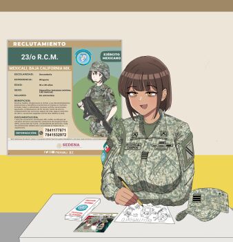  brown_hair dark-skinned_female dark_skin doro_(nikke) fang goddess_of_victory:_nikke gun highres looking_at_viewer melty_blood mexican_army mexican_flag mexico military_fatigues military_uniform mx_waifus neco-arc open_mouth original short_hair skin_fang smile spanish_text tsukihime tsukihime_(remake) weapon 