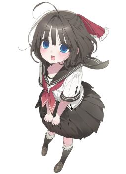  1girl amatsutsumi artist_request blue_eyes brown_hair brown_sailor_collar brown_skirt commentary_request commission full_body highres kneehighs loafers looking_at_viewer minazuki_hotaru_(amatsutsumi) neckerchief pleated_skirt red_neckerchief sailor_collar school_uniform second-party_source serafuku shirt shoes short_hair short_sleeves simple_background skirt smile socks solo white_background white_shirt 