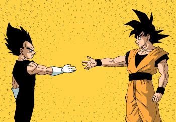  2boys black_eyes black_hair black_jumpsuit clenched_teeth commentary_request dougi dragon_ball dragonball_z gloves highres jumpsuit lee_(dragon_garou) male_focus multiple_boys muscular muscular_male reaching reaching_towards_another sleeveless smile son_goku teeth vegeta white_gloves wristband 