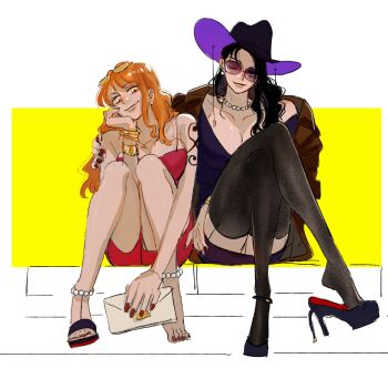  2girls anklet arm_tattoo bare_shoulders black_hair black_thighhighs blue_eyes bracelet brown_jacket closed_mouth commentary crossed_legs dress full_body head_rest high_heels highres holding jacket jewelry long_hair looking_at_viewer mcbuckwheat multiple_girls nami_(one_piece) necklace nico_robin one_eye_closed one_piece orange_eyes orange_hair pearl_necklace red_nails shoes single_shoe smile sunglasses symbol-only_commentary tattoo thighhighs 