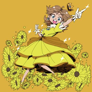  1girl bare_legs blue_eyes brown_hair commentary_request crown dress earrings flower full_body gloves happy highres jewelry looking_at_viewer mario_(series) moriseishiro_(uroshiiserimo) nintendo pointing princess_daisy puffy_short_sleeves puffy_sleeves shoes short_sleeves simple_background smile sparkle standing standing_on_one_leg sunflower teeth upper_teeth_only white_gloves yellow_background yellow_dress yellow_shoes 
