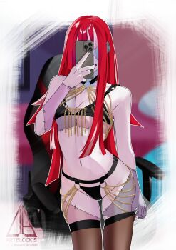  1girl absurdres bikini black_bikini black_choker black_nails blanc_(studio_artblock) breasts cellphone chain choker gold gold_chain highres holding holding_phone hololive hololive_indonesia kureiji_ollie long_hair looking_at_phone mirror_selfie pantyhose patchwork_skin phone red_hair selfie small_breasts swimsuit thighband_pantyhose virtual_youtuber zombie 